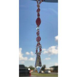 Beaded Suncatcher Rearview Mirror Ornament Pink Clear Crystal Prism Car Charm